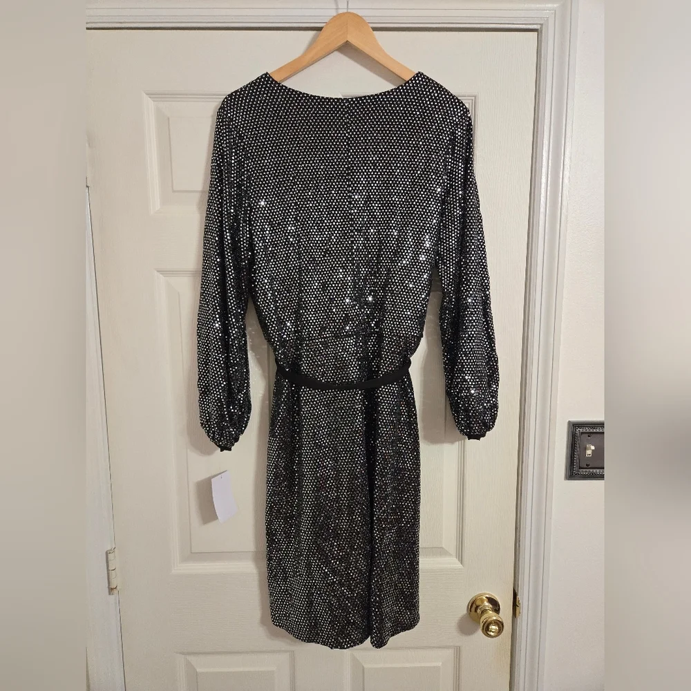 Alexa B Nites Faux Wrap Dress Black Sequin disco ball  size 14W NWT - Picture 2 of 11